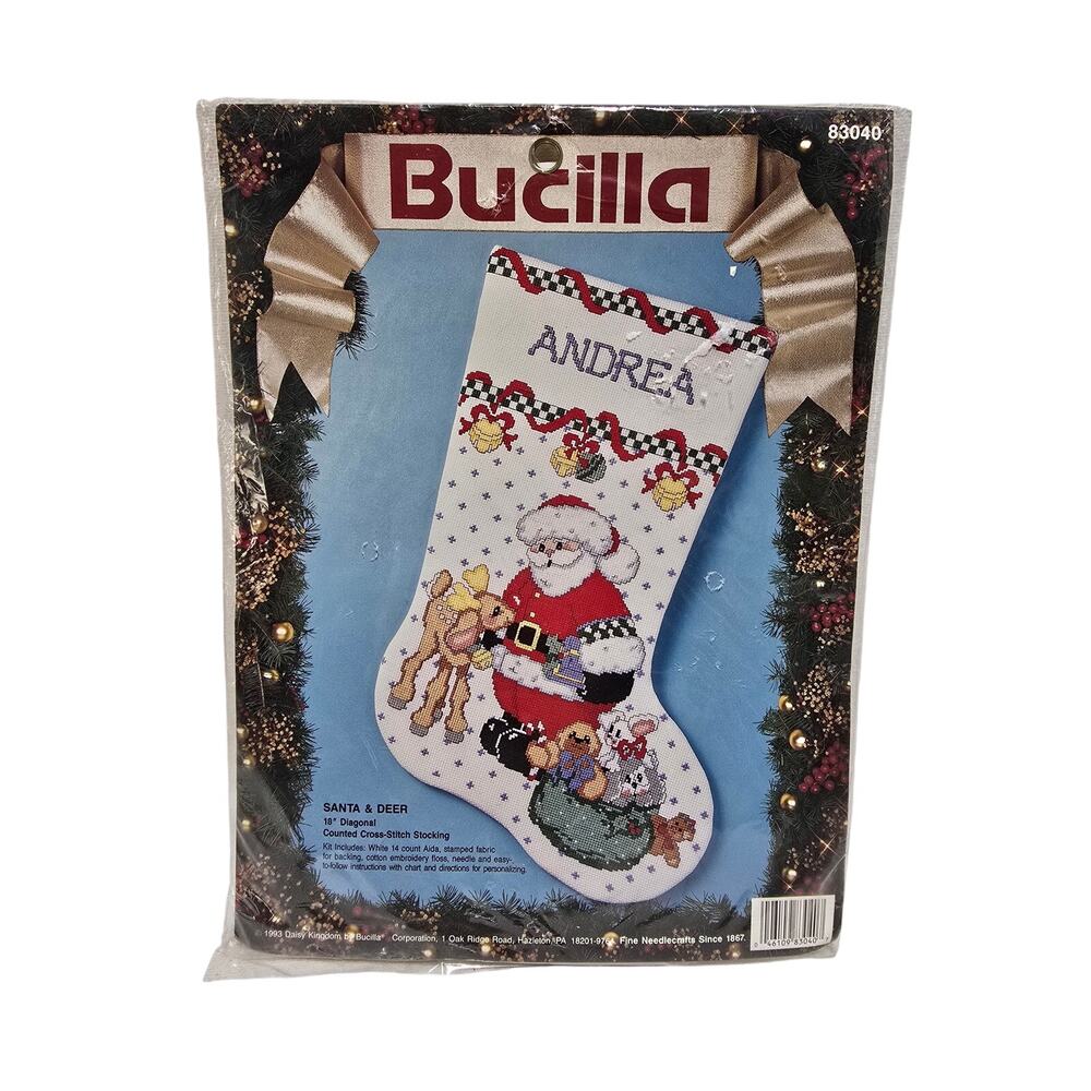Vtg Bucilla SANTA & DEER 18" Diagonal Counted-Cross Stocking‎ Kit 83040